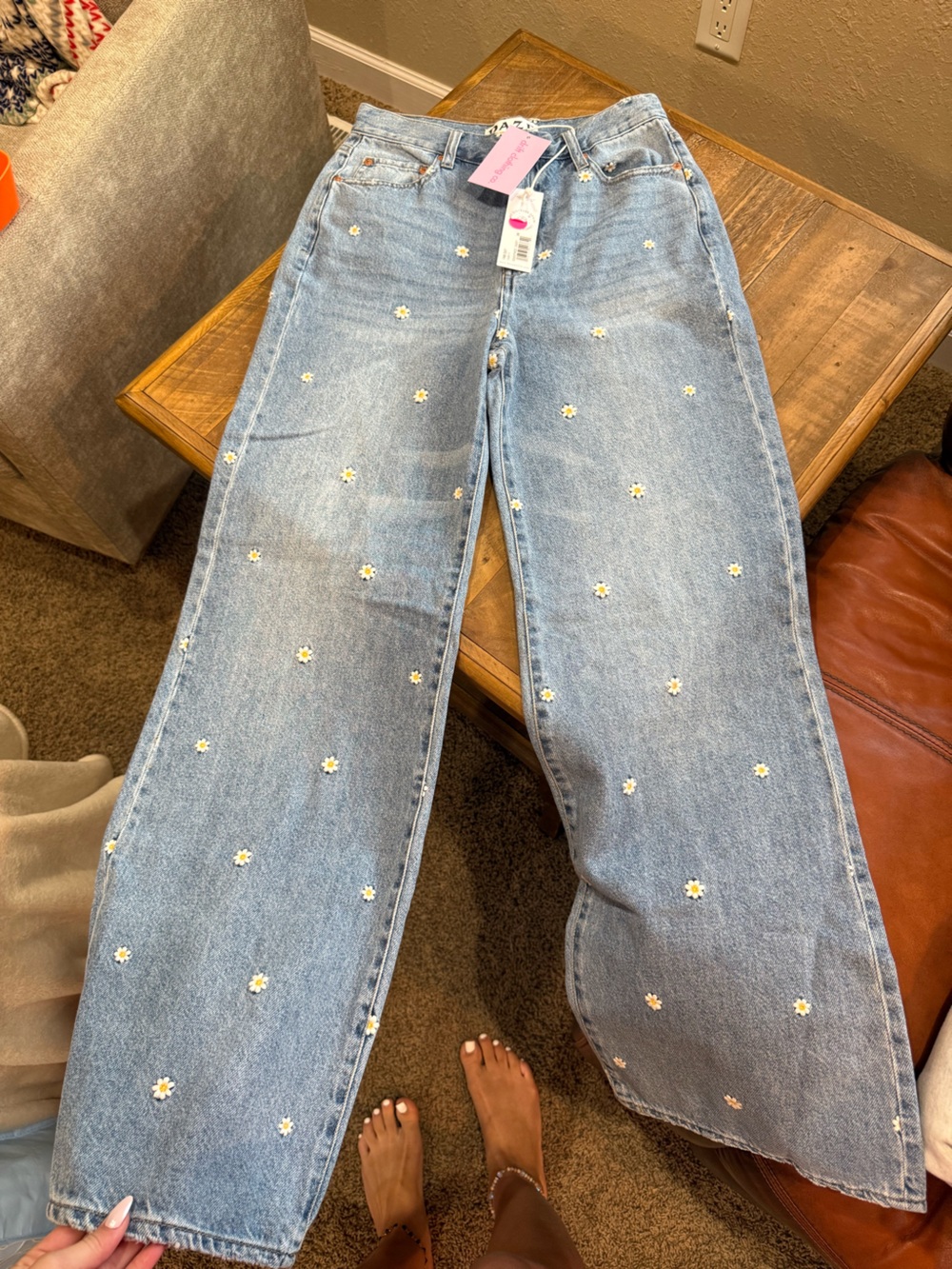 Light Blue Daisy-Embroidered Straight-Leg Jeans